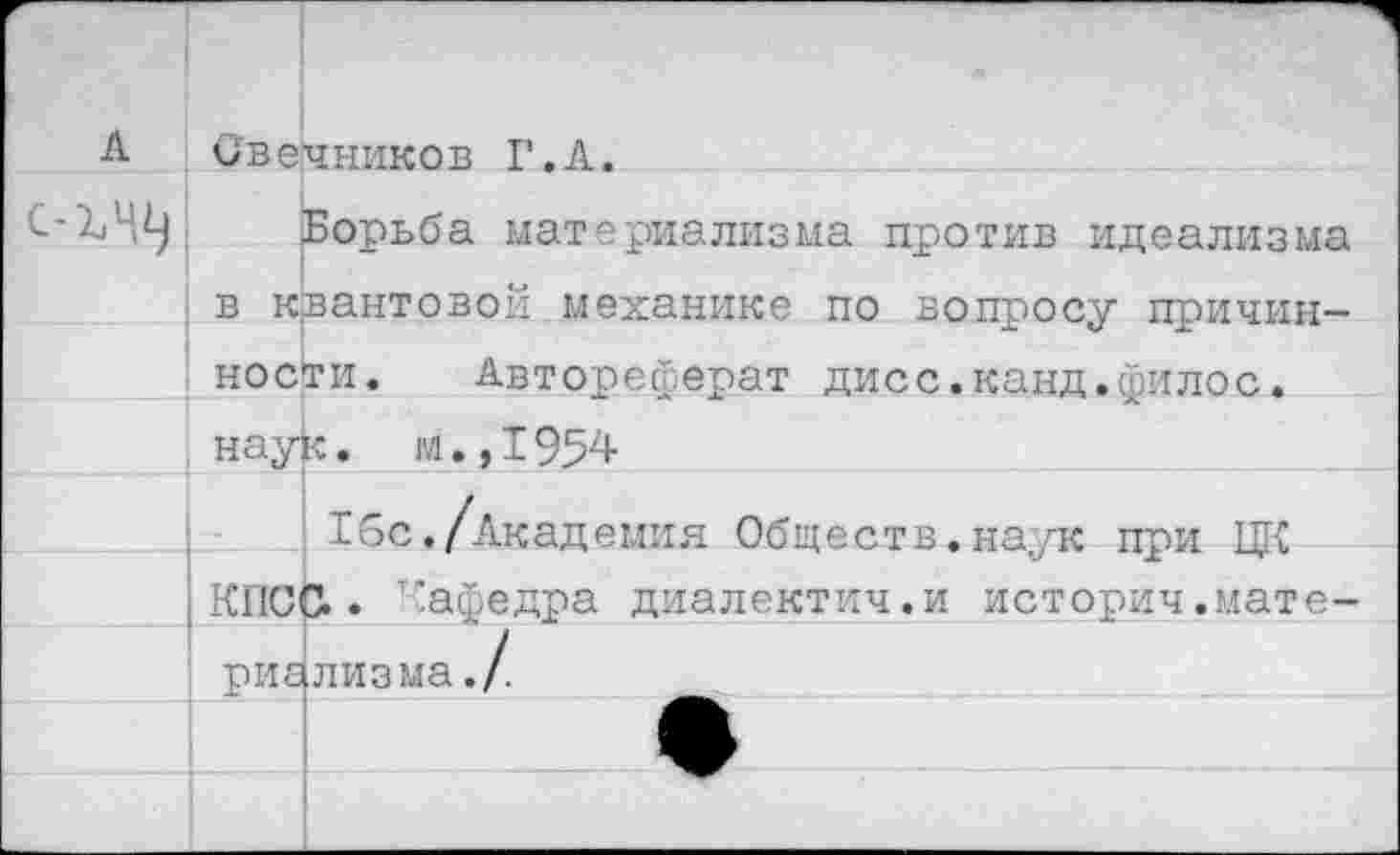 ﻿А	Свечников Г.А.
C-L49	Борьба материализма против идеализма
	в квантовой механике по вопросу причин-
	ности. Автореферат дисс.канд.филос.
	наук. м.,I954
	1бс./Академия Обществ.наук при ITC
	КПСС.. Кафедра диалектич.и истории.мате-
	риализма./
	
	